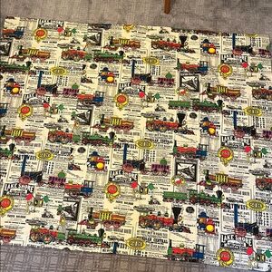 Vintage 70’s Train Print Canvas Fabric Curtain Panel in Cream, Red, Green, Blue